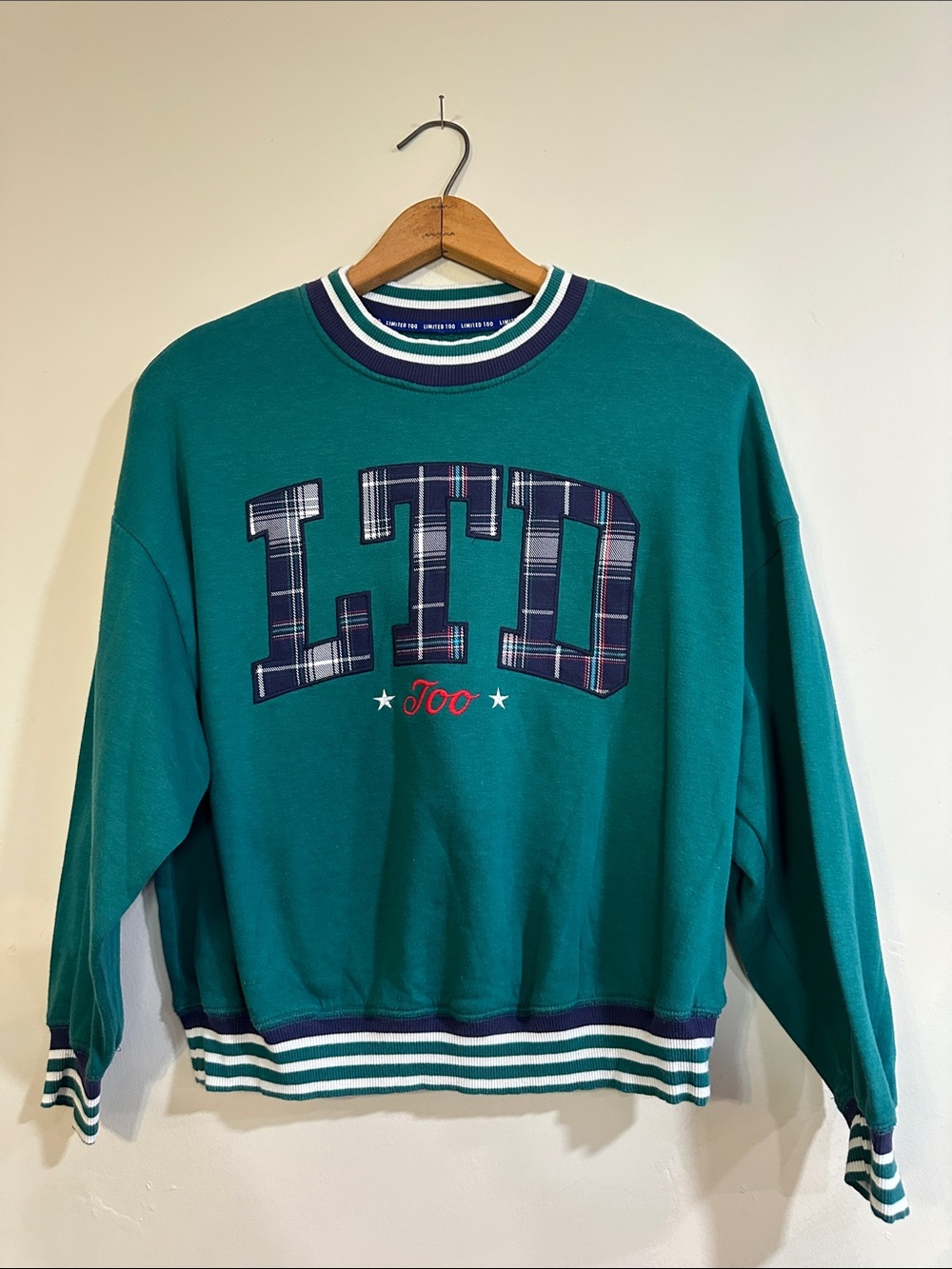 Limited too girls size 12/14 Plaid Letter Appliqué Crewneck Sweatshirt
